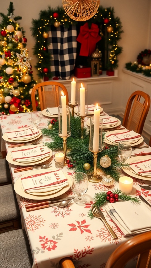 DIY Christmas Dinner Party Table Decor and Place Settings Christmas dinner table with festive decor, candles, and personalized place settings.